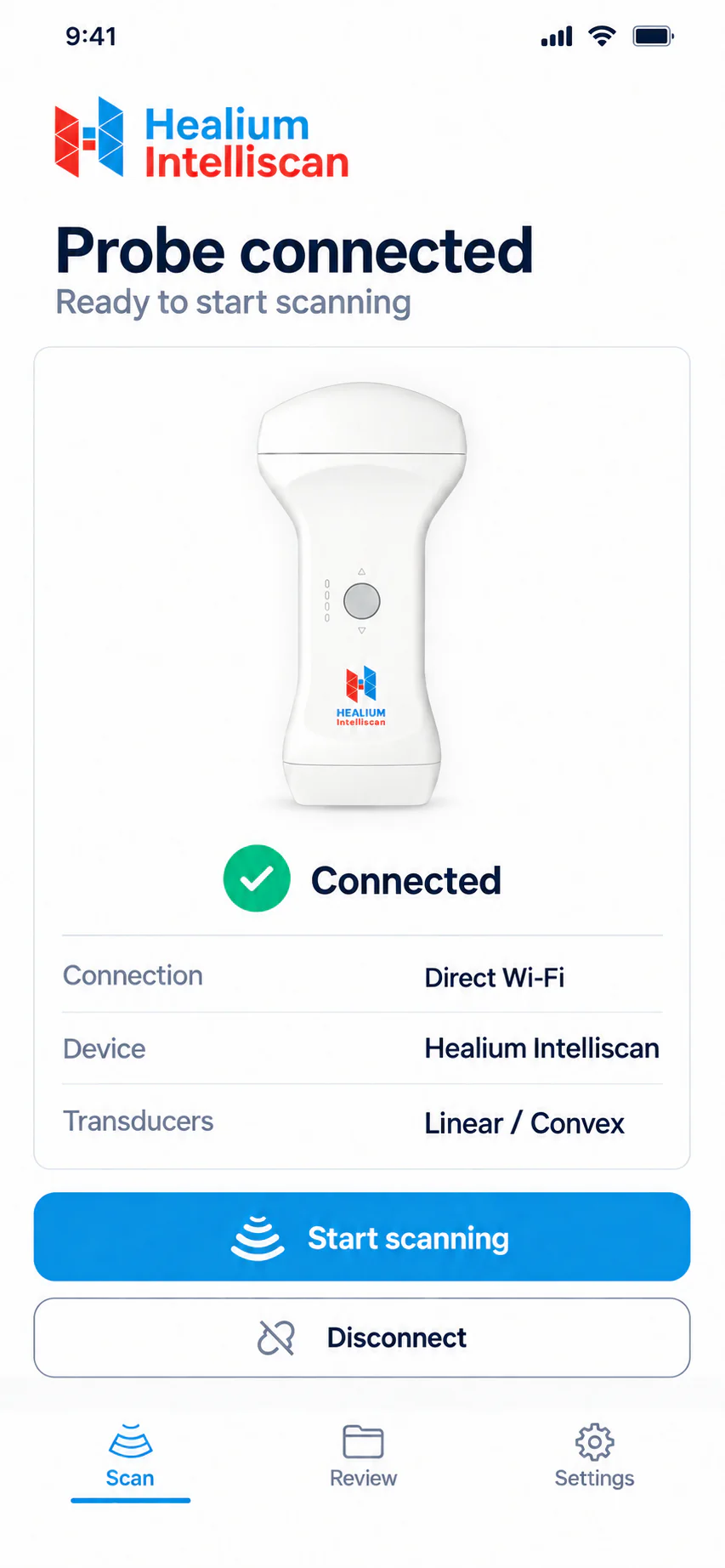 Healium Intelliscan app — Connect screen