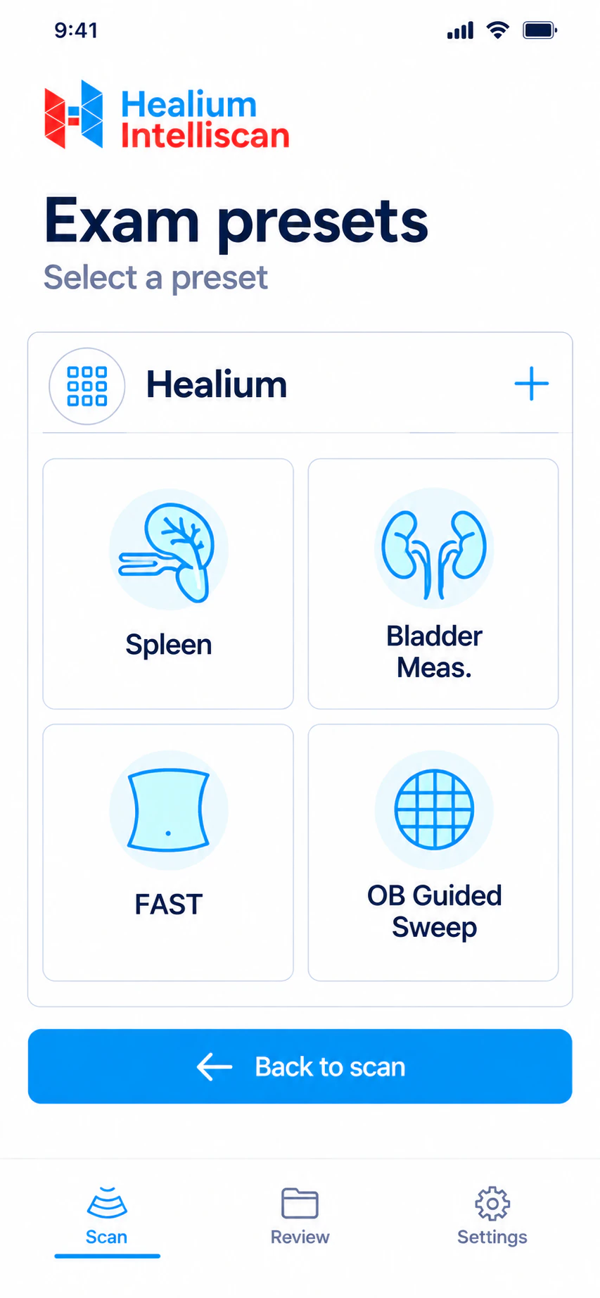 Healium Intelliscan app, Exam presets screen: Spleen, Bladder Meas., FAST and OB Guided Sweep