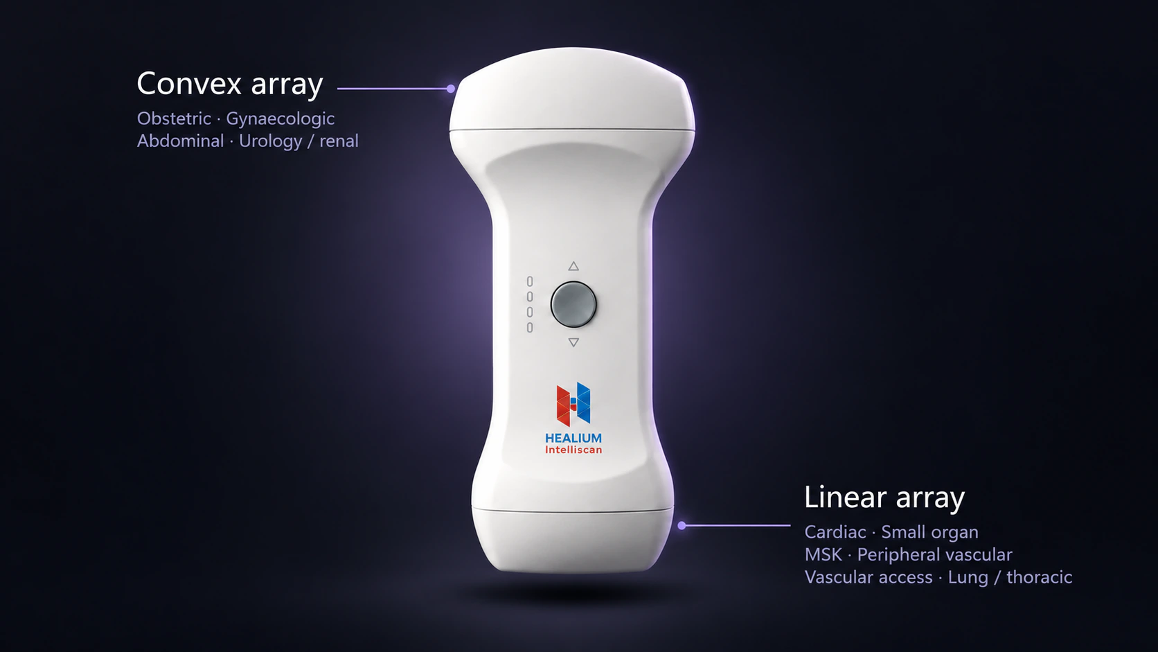 Healium Intelliscan probe, front view. Convex array: Obstetric, Gynaecologic, Abdominal, Urology / renal. Linear array: Cardiac, Small organ, MSK, Peripheral vascular, Vascular access, Lung / thoracic.
